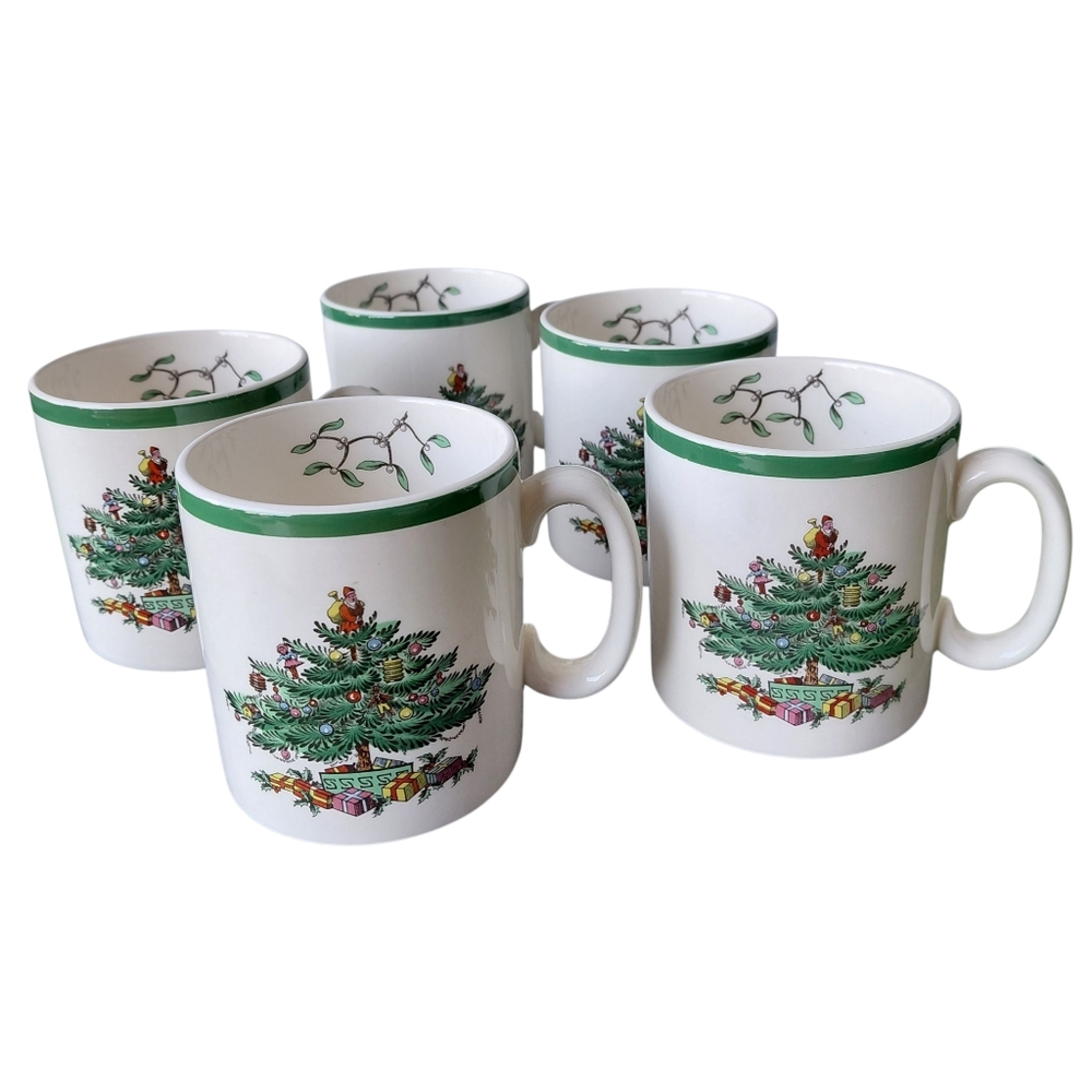 Spode Vintage Festive Christmas Tree Coffee Tea Mugs Cups - Set of 5